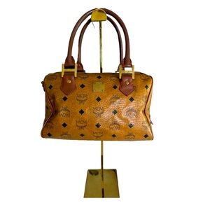 MCM Visetos Coated Cognac Boston Bag crossbody EUC Made in Germany Authe…